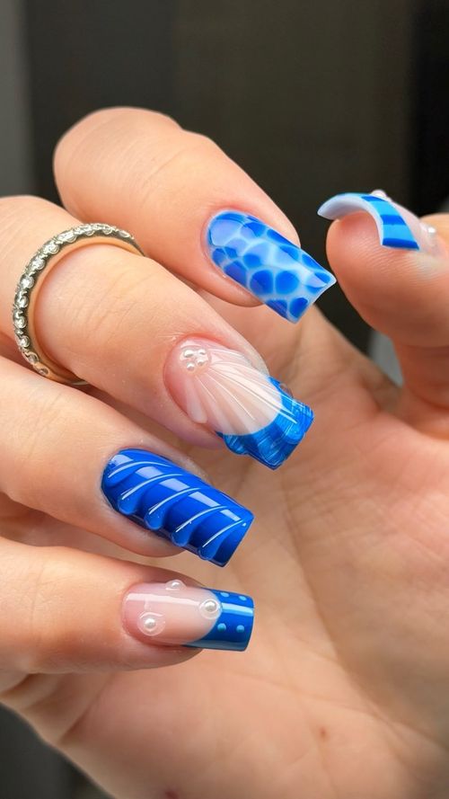 Blue wave nail art on long nails